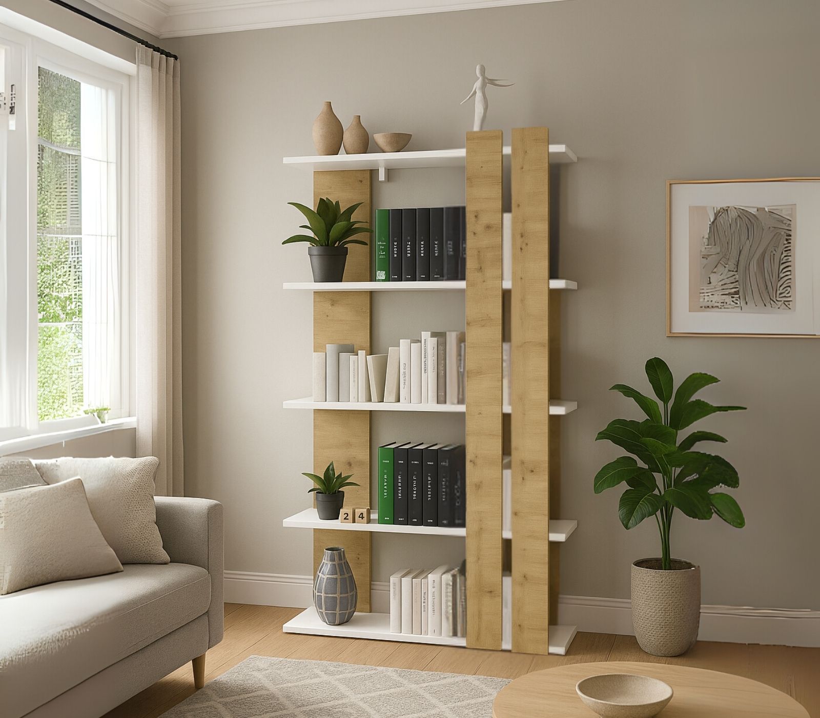כוננית ספריה מעוצבת 5 מדפים בגוון לבן בשילוב אלון Tudo Design דגם נופר כוננית ספריה מעוצבת 5 מדפים בגוון לבן בשילוב אלון Tudo Design דגם נופר