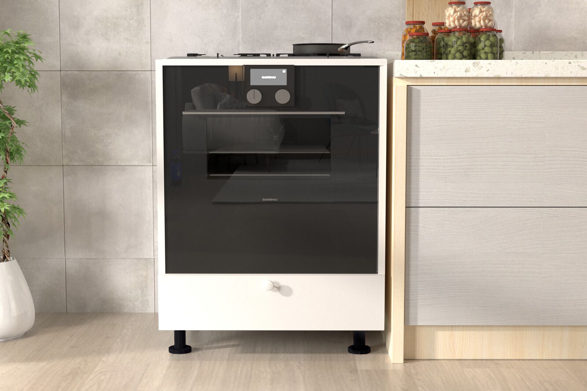 תמונה של ארון לתנור בילט אין וכיריים בצבע לבן דגם ערבה ARAVA מבית טודו דיזיין עם משטח בישול ודלת תנור זכוכית שחורה. התנור עומד על ארבע רגליים קצרות ושחורות, ומימין לו נראה חלק מארון מטבח מעץ בהיר עם משטח עבודה בצבע בהיר. משמאל לתנור נראה חלק מצמח ירוק בעציץ לבן, וברקע נראה קיר אריחים בהיר תמונה של ארון לתנור בילט אין וכיריים בצבע לבן דגם ערבה ARAVA מבית טודו דיזיין עם משטח בישול ודלת תנור זכוכית שחורה. התנור עומד על ארבע רגליים קצרות ושחורות, ומימין לו נראה חלק מארון מטבח מעץ בהיר עם משטח עבודה בצבע בהיר. משמאל לתנור נראה חלק מצמח ירוק בעציץ לבן, וברקע נראה קיר אריחים בהיר