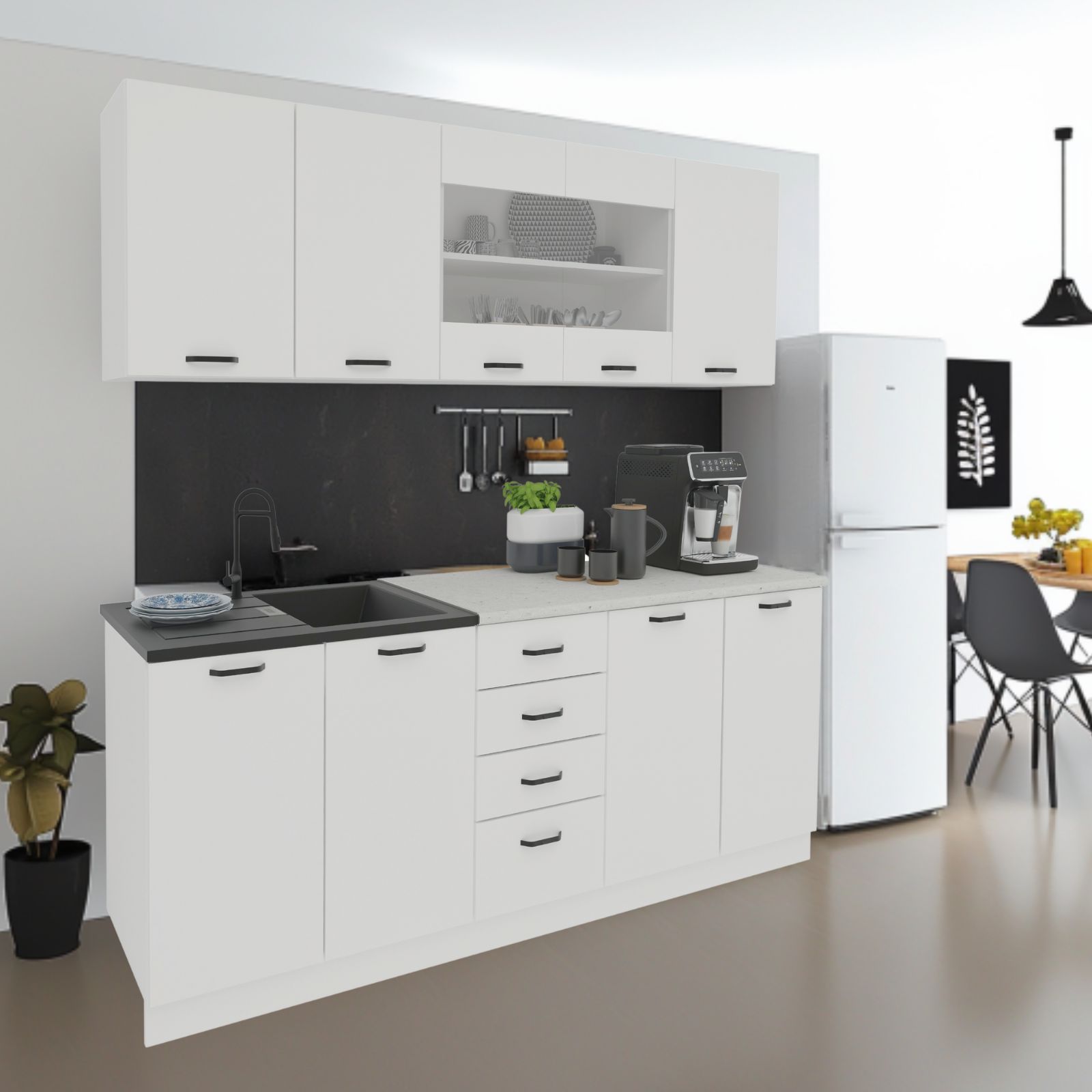 מטבח מודרני ברוחב 2 מטר עליון ותחתון בגוון לבן כולל כיור נירוסטה דגם ריגה RIGA מבית TUDO DESIGN