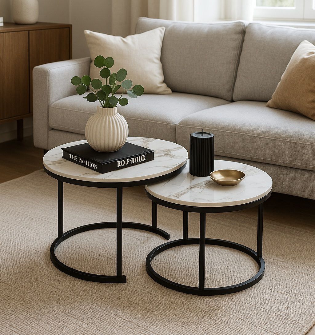 זוג שולחנות סלון עגולים עם פלטת קרמיקה עמידה ובסיס מתכת שחורה בעיצוב מודרני דגם אוריון מבית טודו דיזיין זוג שולחנות סלון עגולים עם פלטת קרמיקה עמידה ובסיס מתכת שחורה בעיצוב מודרני דגם אוריון מבית טודו דיזיין