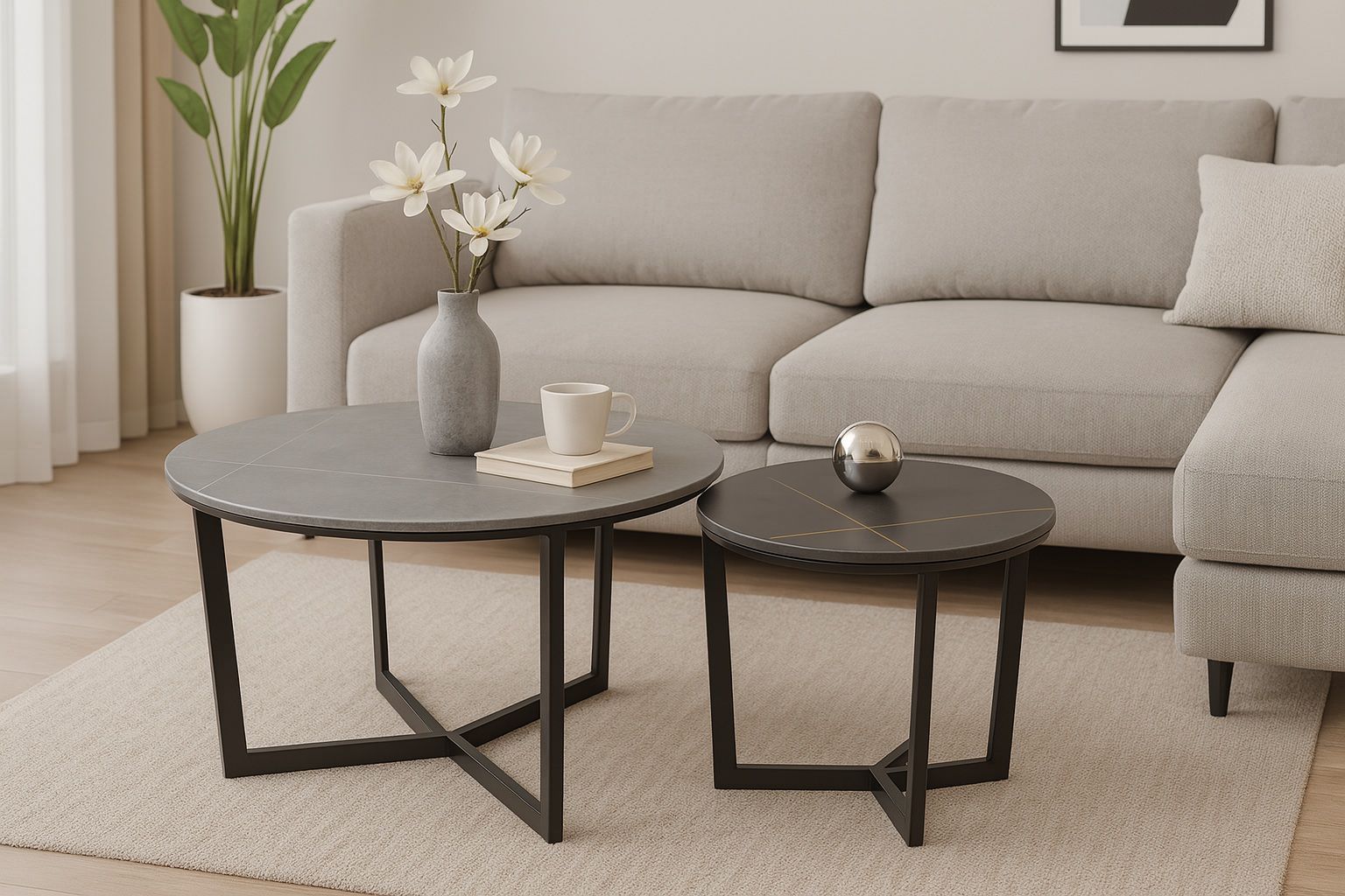 זוג שולחנות סלון עגולים עם פלטה קרמיקה ורגלי מתכת שחורות דגם ורונה VERONA מבית טודו דיזיין