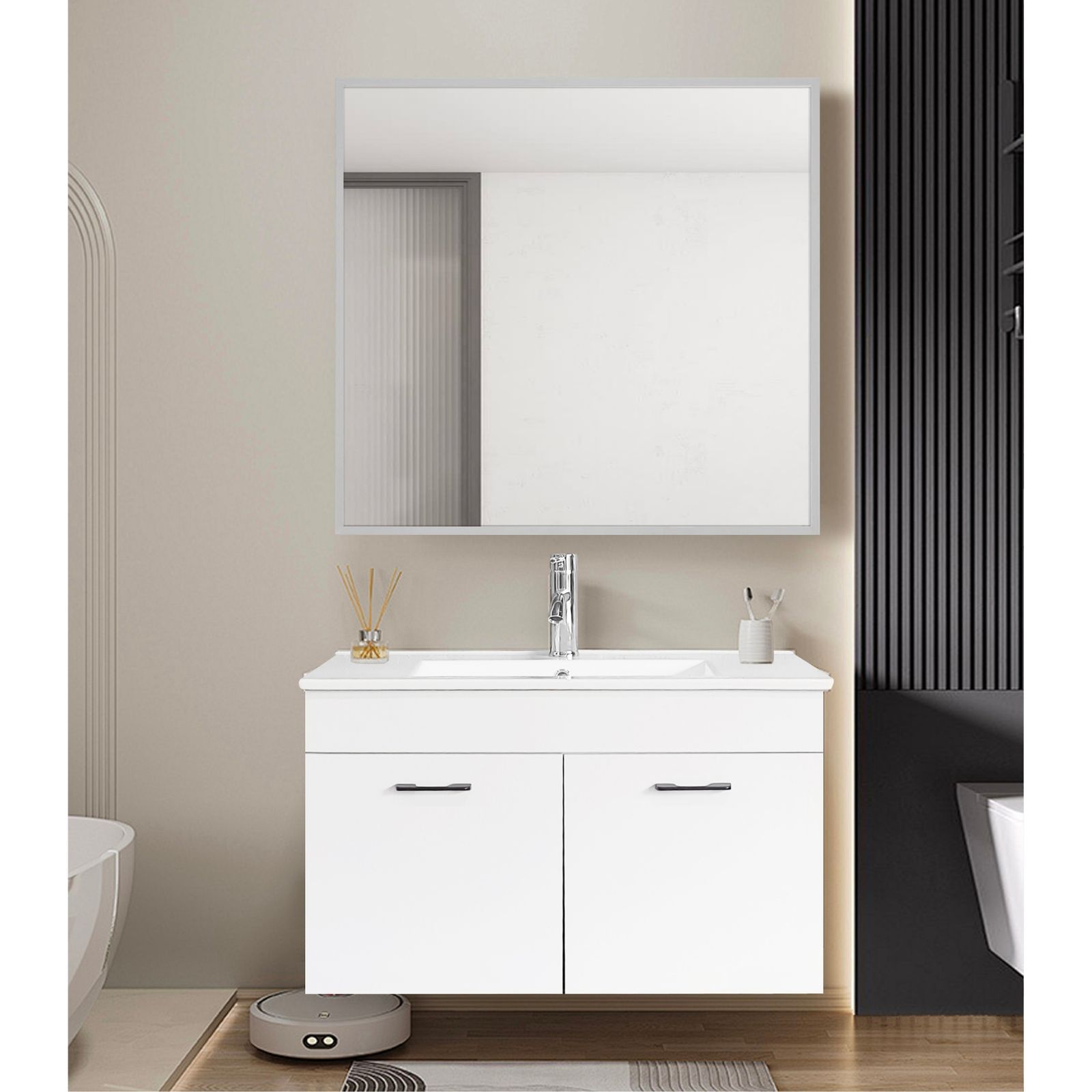 ארון אמבטיה תלוי 80 ס"מ דגם יסמין כולל כיור חרס ומראה מבית טודו דיזיין ארון אמבטיה תלוי 80 ס"מ דגם יסמין כולל כיור חרס ומראה מבית טודו דיזיין