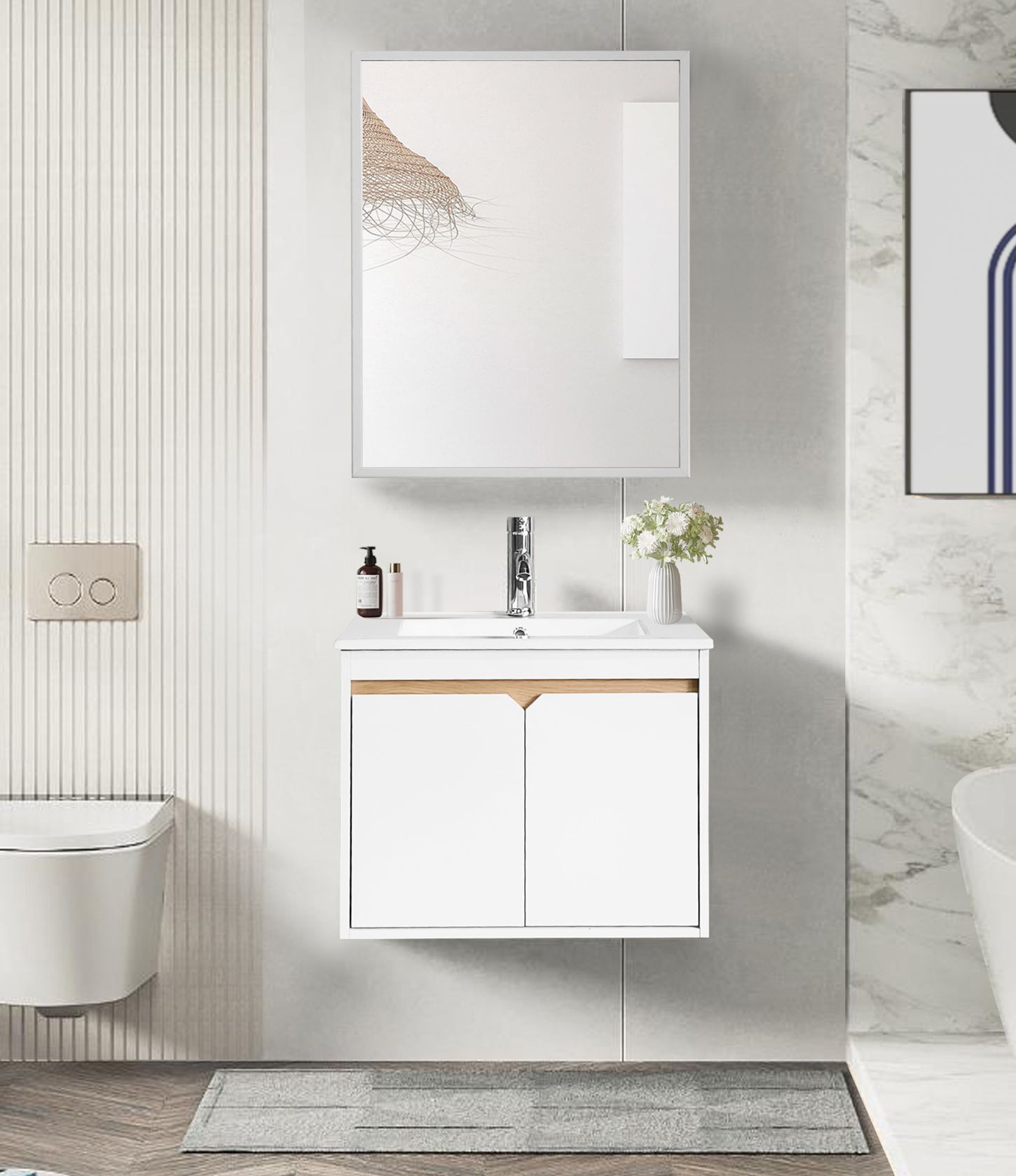 ארון אמבטיה צף 60 ס"מ עם 2 דלתות, טריקה שקטה, כיור חרס ומראה עם מסגרת אלומיניום דגם מגנוליה Magnolia מבית טודו דיזיין Tudo Design