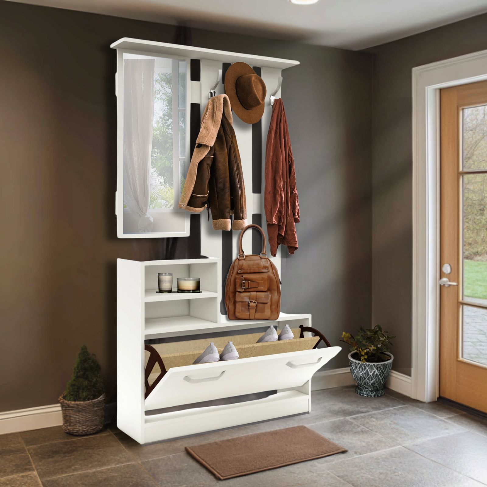 שידת כניסה עם מקום אחסון לנעליים מראת גוף וווי תלייה בצבע לבן רוחב 90 ס"מ דגם ליאור LIOR מבית TUDO DESIGN שידת כניסה עם מקום אחסון לנעליים מראת גוף וווי תלייה בצבע לבן רוחב 90 ס"מ דגם ליאור LIOR מבית TUDO DESIGN