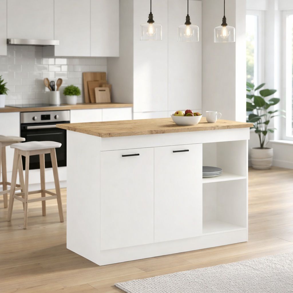 אי למטבח עם אחסון ופינת אוכל ל-2 סועדים בגוון לבן בשילוב אלון ברוחב 122 ס"מ דגם 9167 מבית טודו דיזיין