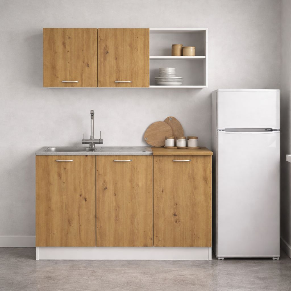 מטבח מוכן ברוחב 120 ס"מ גוף לבן וחזית אלון כולל כיור נירוסטה דגם רוז | Tudo Design מטבח מוכן ברוחב 120 ס"מ גוף לבן וחזית אלון כולל כיור נירוסטה דגם רוז | Tudo Design